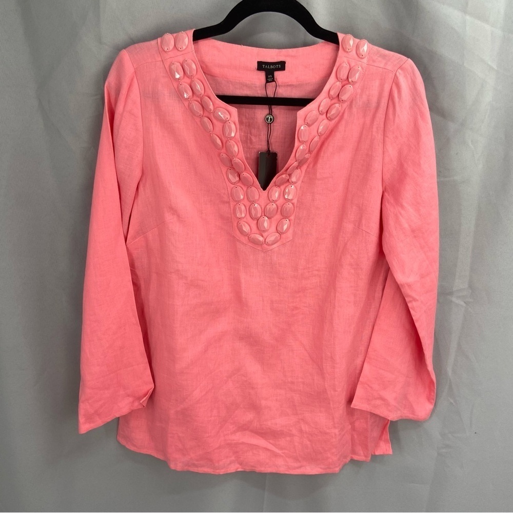 TALBOTS 100% Linen Beaded Split‎ Neckline Long Sleeve Tunic Top Pink Size XS New